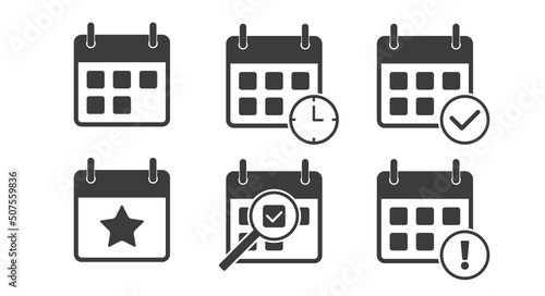 Calendar icon set. Schedule, reminder, appointment, planner, event time. Flat vector illustration isolated on white background.