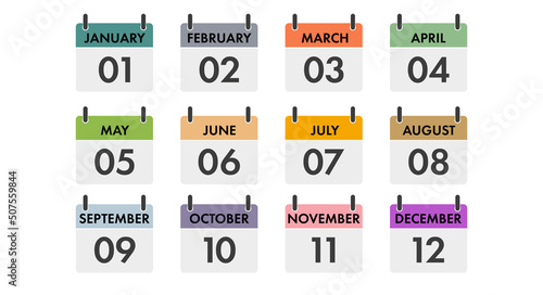 Yearly calendar icons set. All twelve months with names and serial numbers. Template for creating an icon for any day of the year. Flat vector illustration isolated on white.