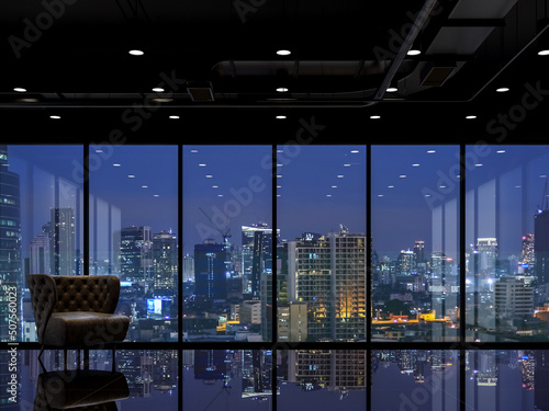 Modern style glossy black room night scene with city view 3d render, glass walls and black ceiling decorated with luxury leather chairs with large windows overlooking the building outside Fototapete