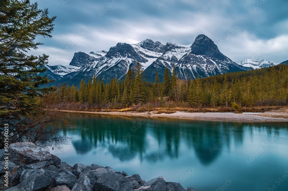 Panoramic Long Exposure Of Canmore Mountains And River