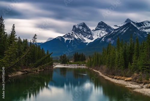 Long Exposure Mountains And River In Canmore