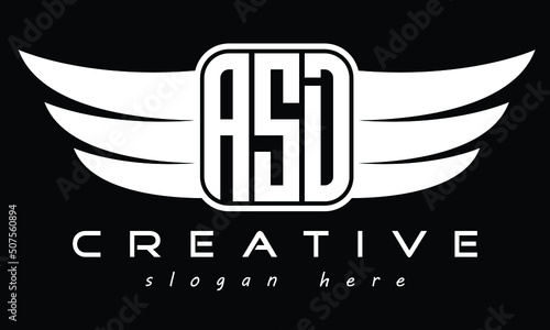 three Letter ASD Wings Flying Initial wing symbol minimalist creative concept flag icon professional logo design Vector template