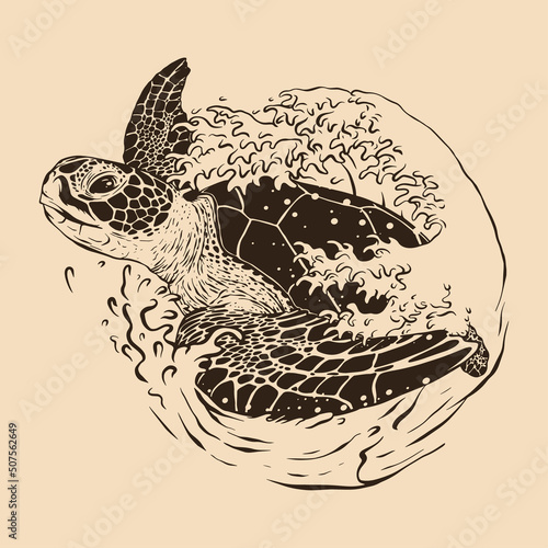 Sea turtle waves sketch illustration drawing vector