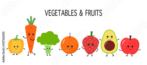 Cute vegetables and fruits cartoon character in flat design on white background.