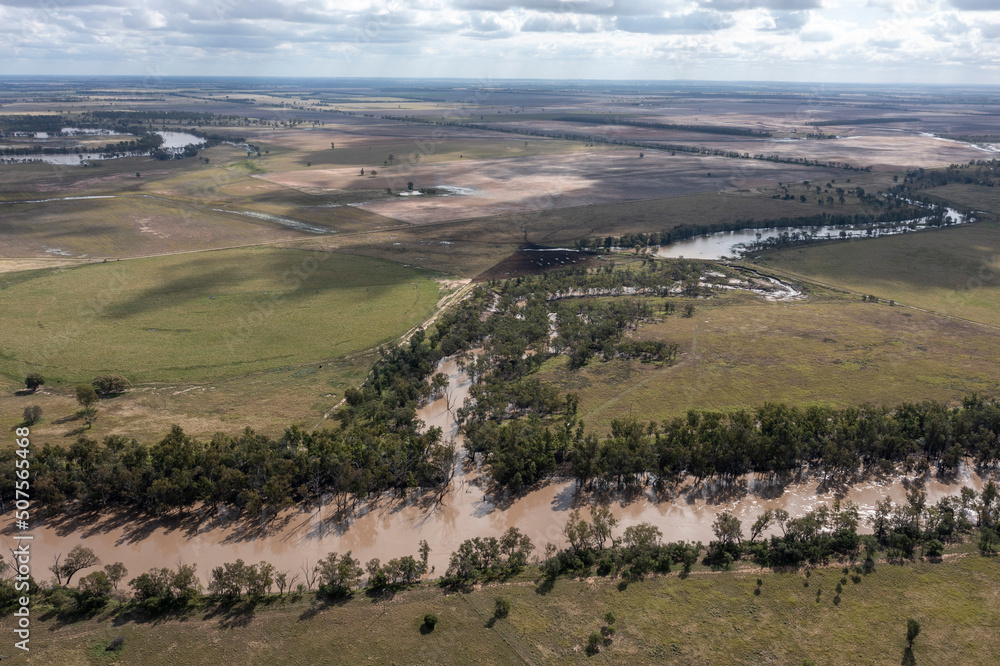Fototapeta premium Flood waters from the Condamine river the town of Condamine ,Queensland, Australia.
