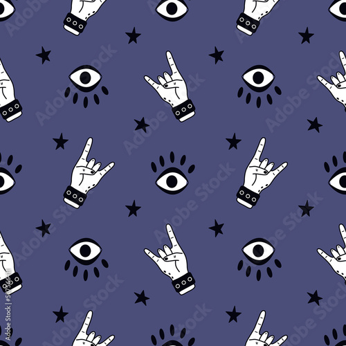 Vector seamless pattern with gesture hand and eye. Doodle rock music background.Design for textile,cover,poster.