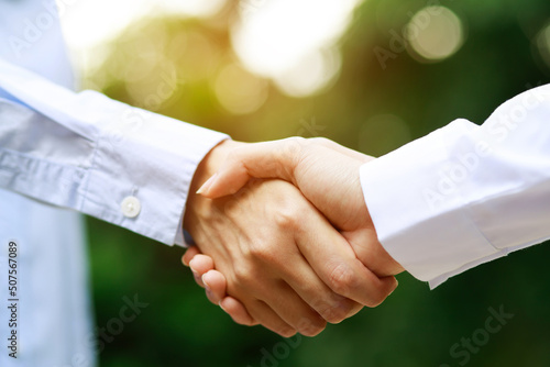 Closeup of a business hand shake between two colleagues Plaid shirt