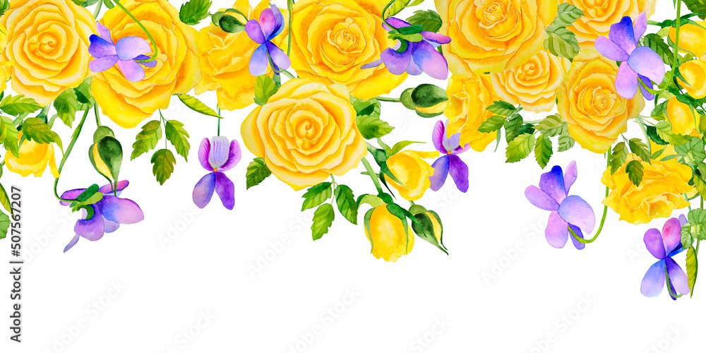 Yellow roses and violets seamless horizontal pattern. Endless border. Postcard from watercolor flowers. Template for invitation or greeting card. Wedding hand drawn delicate design. Yellow roses and violets seamless horizontal pattern. Endless border. Postcard from watercolor flowers. Template for invitation or greeting card. Wedding hand drawn delicate design.