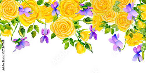 Yellow roses and violets seamless horizontal pattern. Endless border. Postcard from watercolor flowers. Template for invitation or greeting card. Wedding hand drawn delicate design.