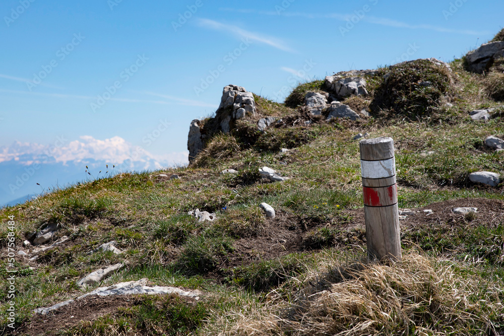 Red and white beaconing for mountain hiking trails Red and white beaconing for mountain hiking trails
