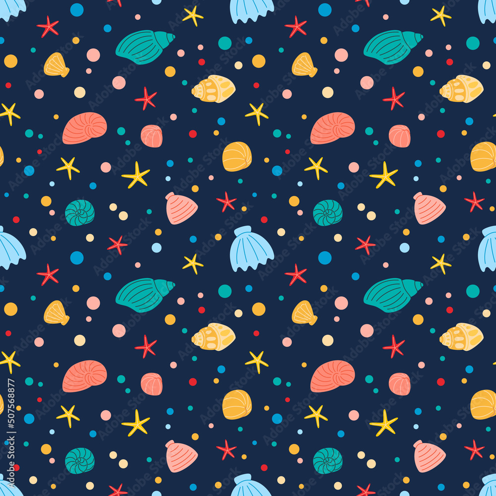 Cute seamless pattern of seashell and starfish. Vector illustration. Use for wallpaper, print packaging paper, fabrics. Cute seamless pattern of seashell and starfish. Vector illustration. Use for wallpaper, print packaging paper, fabrics.