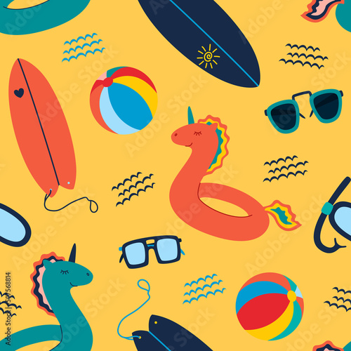 Seamless pattern of summer beach holidays. Sunglasses, unicon swimming pool ring, beach ball and dive mask in flat style on yellow background. Vector illustration, clipart, cartoon