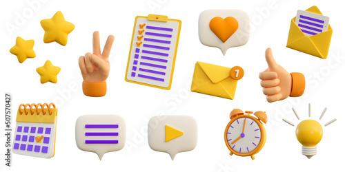 3d education and social media icons for university and school. Checklist, calendar, search, speech bubbles, clock, stars and mail . Realistic 3d high quality render