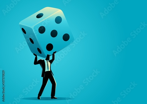 Business concept illustration of businessman lifting a giant dices