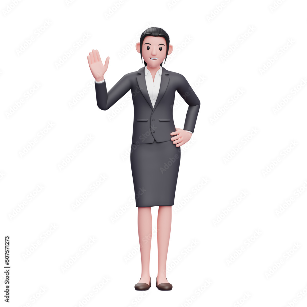 Cute Woman Wearing Business Suit saying Hi, 3d business woman character illustration Cute Woman Wearing Business Suit saying Hi, 3d business woman character illustration