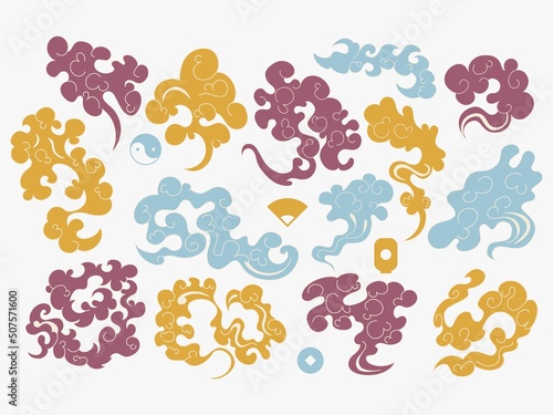 Chinese clouds. Oriental ornament with Japanese Asian texture in east sky. Heaven cloudy shapes. Swirl steam. Cloudscape traditional elements set. Spiral smoke. Vector design wallpaper