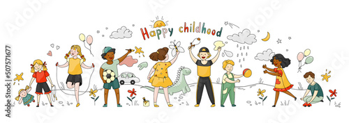 Happy Kids. Little children with colorful toys. Boys and girls play with balls. Cheerful friends drawing or jumping rope. Preschool leisure. Babies playground. Vector childhood banner