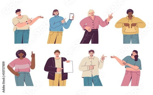 Happy pointing persons. Friendly smile people showing. Standing men and women gesturing with arms. Students holding tablet or smartphone. Teenagers poses. Vector characters gestures set