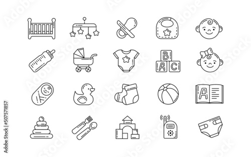 Nursery kid icon. Pictogram of linear newborn child. Diapers and carriage. Bed with carousel. Toddlers food or toys. Family health and childhood care. Infant faces. Vector line signs set