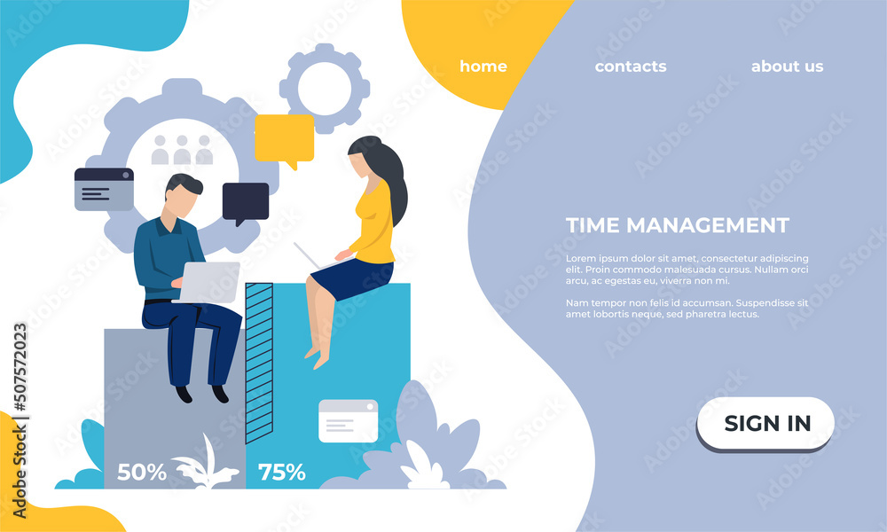 Business landing page. Website template. Time management and workflow optimization. Effective organization work processes. Office employees. Vector web interface with text and buttons Business landing page. Website template. Time management and workflow optimization. Effective organization work processes. Office employees. Vector web interface with text and buttons