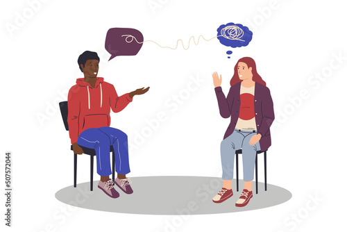 Psychological consultation. Woman counseling patient with mental disorders. Support from addiction. Speech bubbles with tangled thoughts. Talking people. Vector psychologist help session