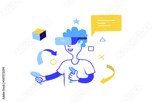 Game development concept. Doodle VR gaming. Boy with augmented virtual reality glasses and joysticks. Playing mechanics trendy objects. 3d cyber simulation. Vector gamers modern devices