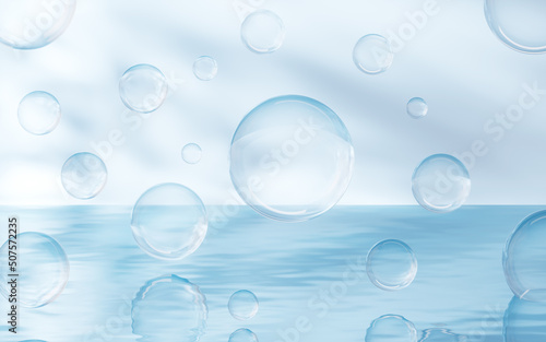 Bubbles on the water surface, 3d rendering.
