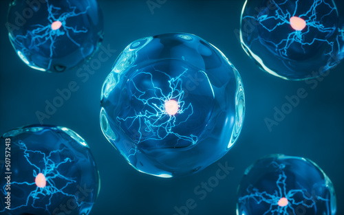 Transparent cell with glowing nucleus inside, 3d rendering.