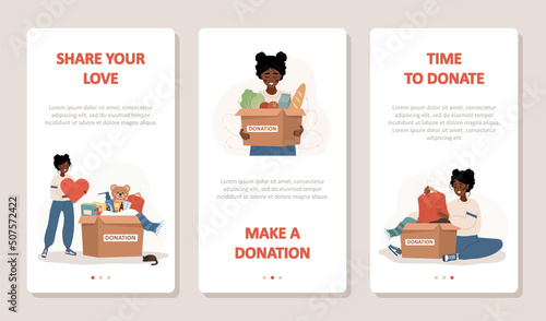 Donation and charity concept. African volunteers women with boxes full of humanitarian help. Philanthropy. Time to donation. Share your love. Vector cartoon illustration. Set of mobile banners.