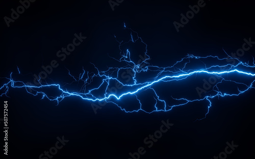 Fototapeta Blue lightning with dark background, 3d rendering.