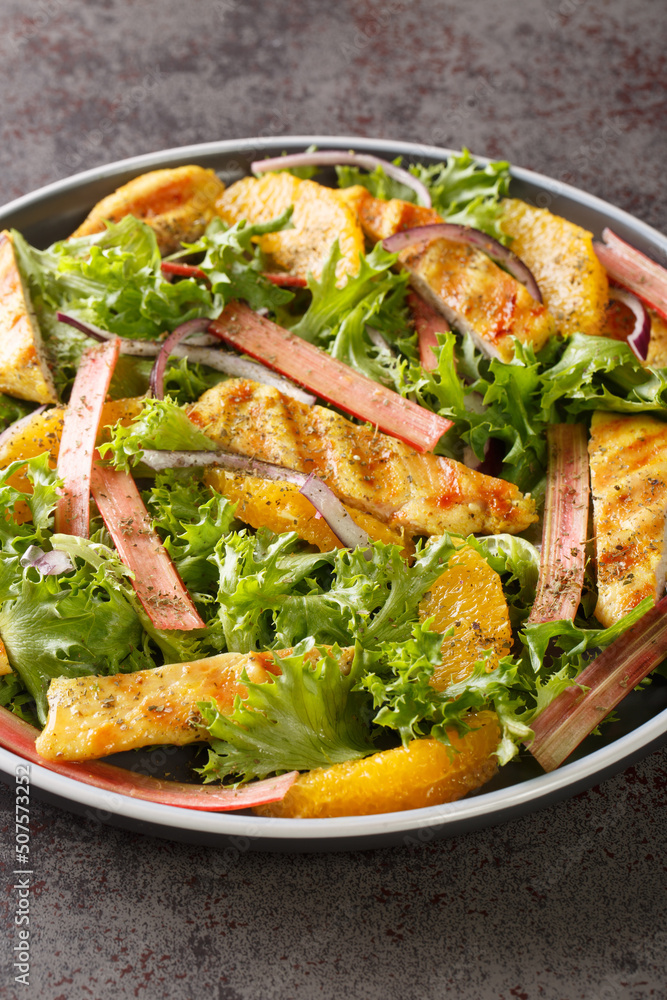 Grilled Chicken salad with rhubarb, oranges, onions and lettuce closeup on the wooden board on the table. Vertical Grilled Chicken salad with rhubarb, oranges, onions and lettuce closeup on the wooden board on the table. Vertical