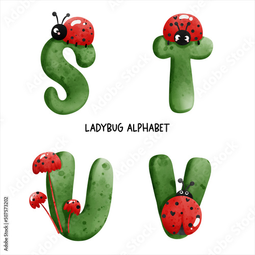 ladybug watercolor alphabet. Vector illustration
