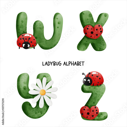 ladybug watercolor alphabet. Vector illustration