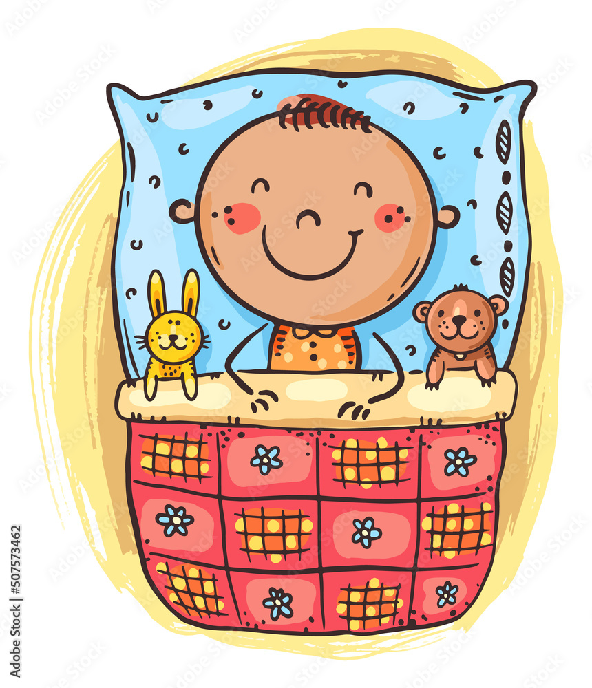 Illustration of cute little kid boy sleeping in bed with her toys Stock ...