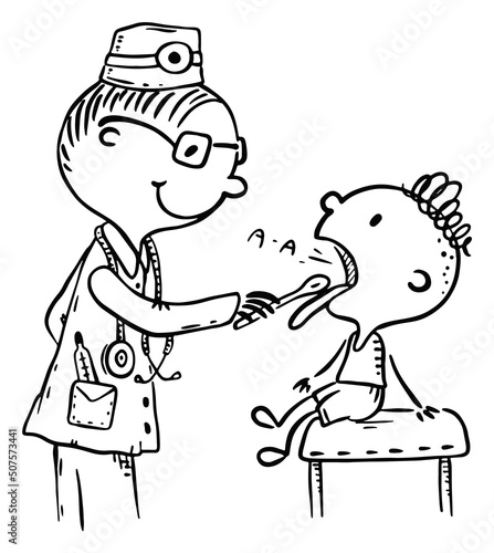 Outline drawing doctor examining a boy's throat
