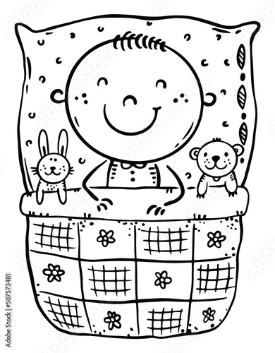 Outline illustration of happy child sleeping in bed with her toys