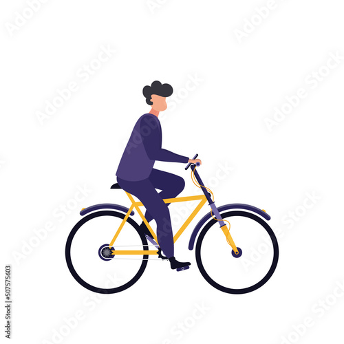 Teenager boy enjoying cycling and having fun outdoor. Isolated dynamic vector flat illustration.