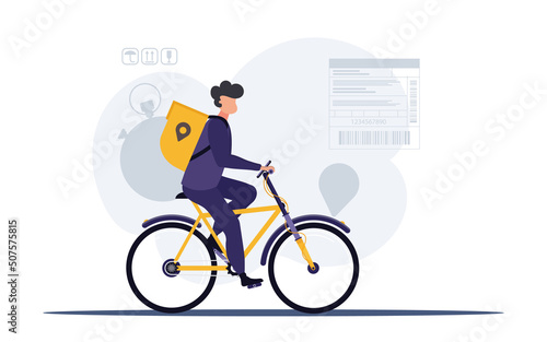 Delivery service is available. Courier riding a bicycle. Vector