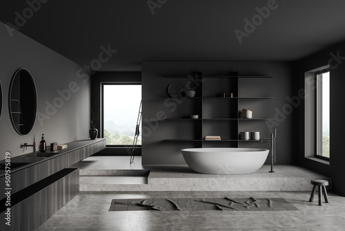 Grey bathroom interior with bathtub and sink  decoration and window