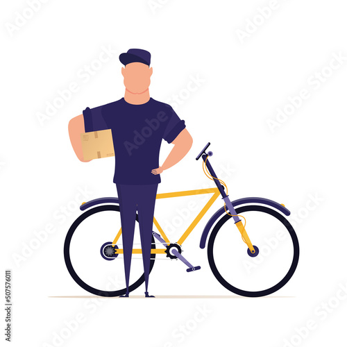 Courier man stands near the bike and holds a box. Delivery concept. Isolated on a white background. Vector illustration.