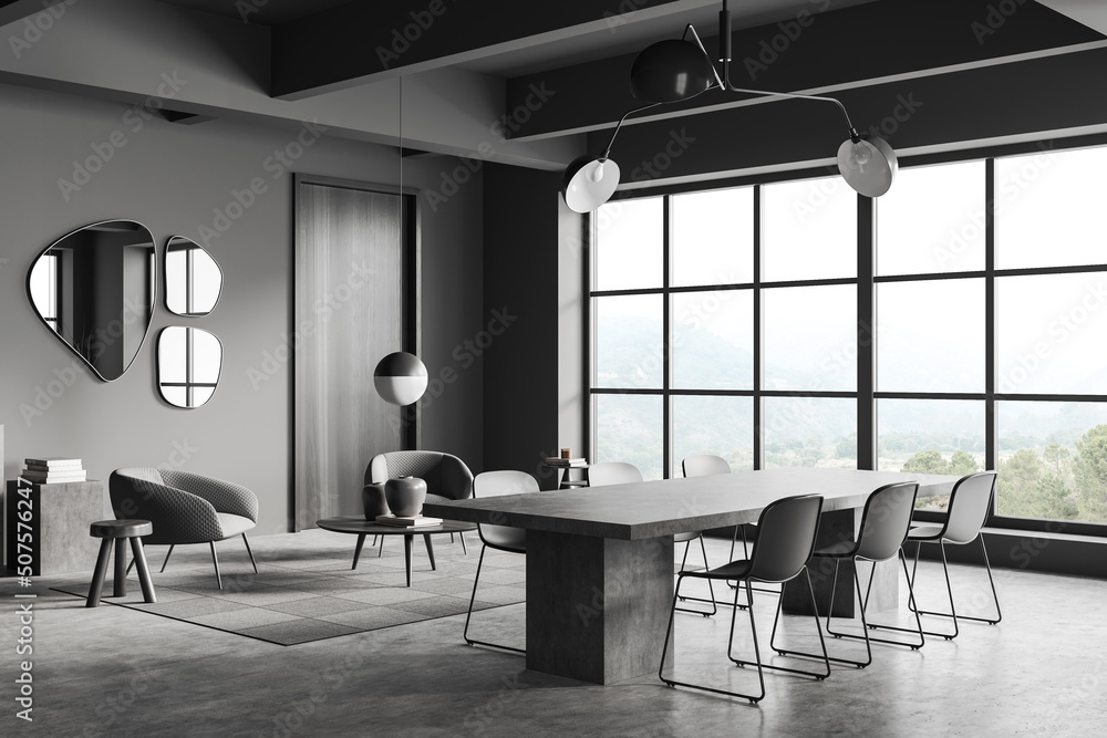Grey meeting room interior with chairs and table, panoramic window