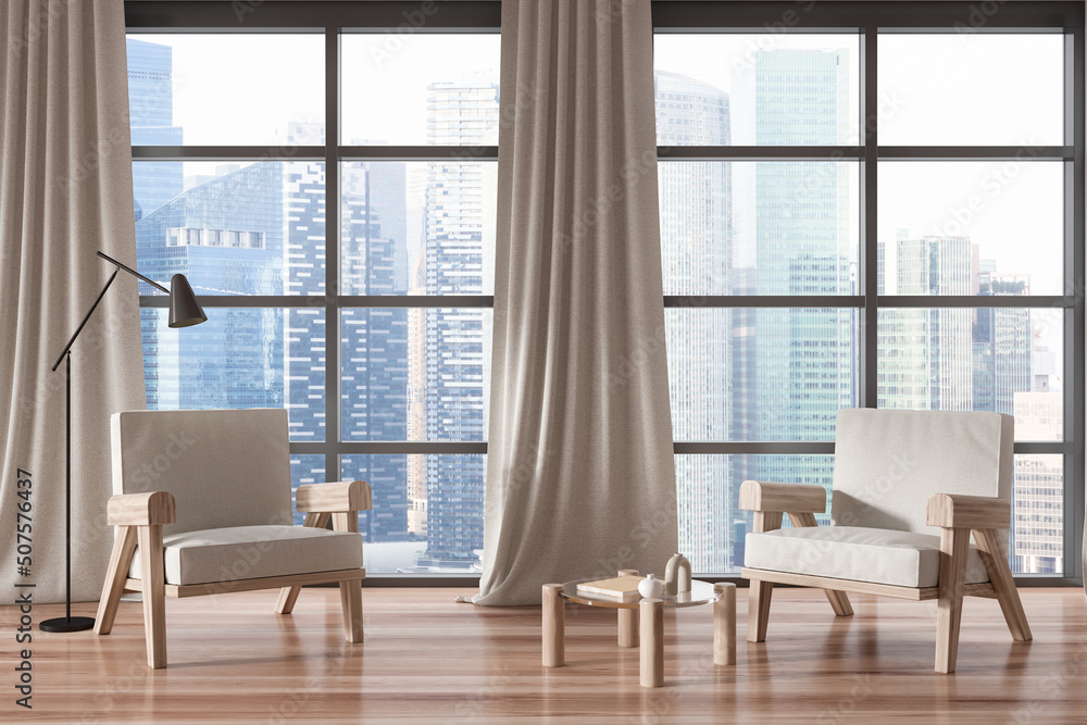 Light living room interior with seats and coffee table, panoramic window Light living room interior with seats and coffee table, panoramic window