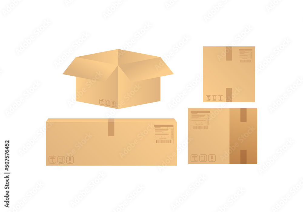 Carton delivery packaging open and closed box with fragile signs. Cardboard box mockup set. Carton delivery packaging open and closed box with fragile signs. Cardboard box mockup set.