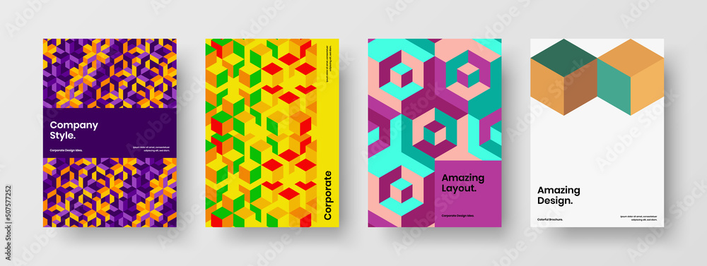 Colorful mosaic hexagons cover illustration bundle. Creative brochure vector design template composition.
