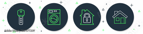 Set line Washer, House under protection, key and icon. Vector