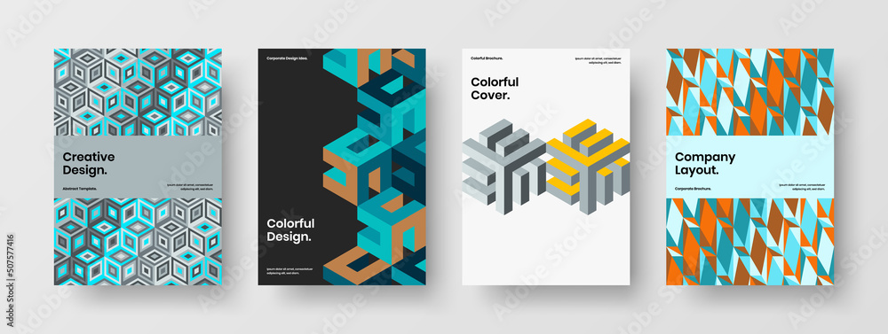 Simple corporate identity A4 design vector concept set. Minimalistic geometric pattern journal cover illustration collection.