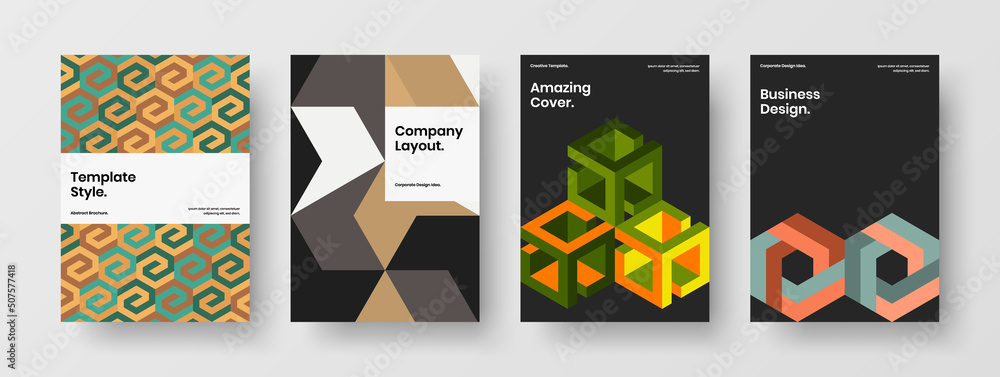 Abstract corporate identity design vector illustration bundle. Colorful mosaic hexagons book cover concept set.