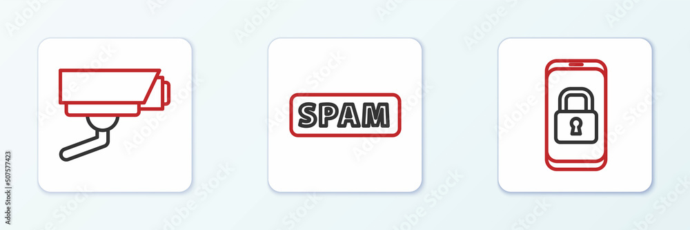 Set line Mobile with closed padlock, Security camera and Spam icon. Vector Set line Mobile with closed padlock, Security camera and Spam icon. Vector