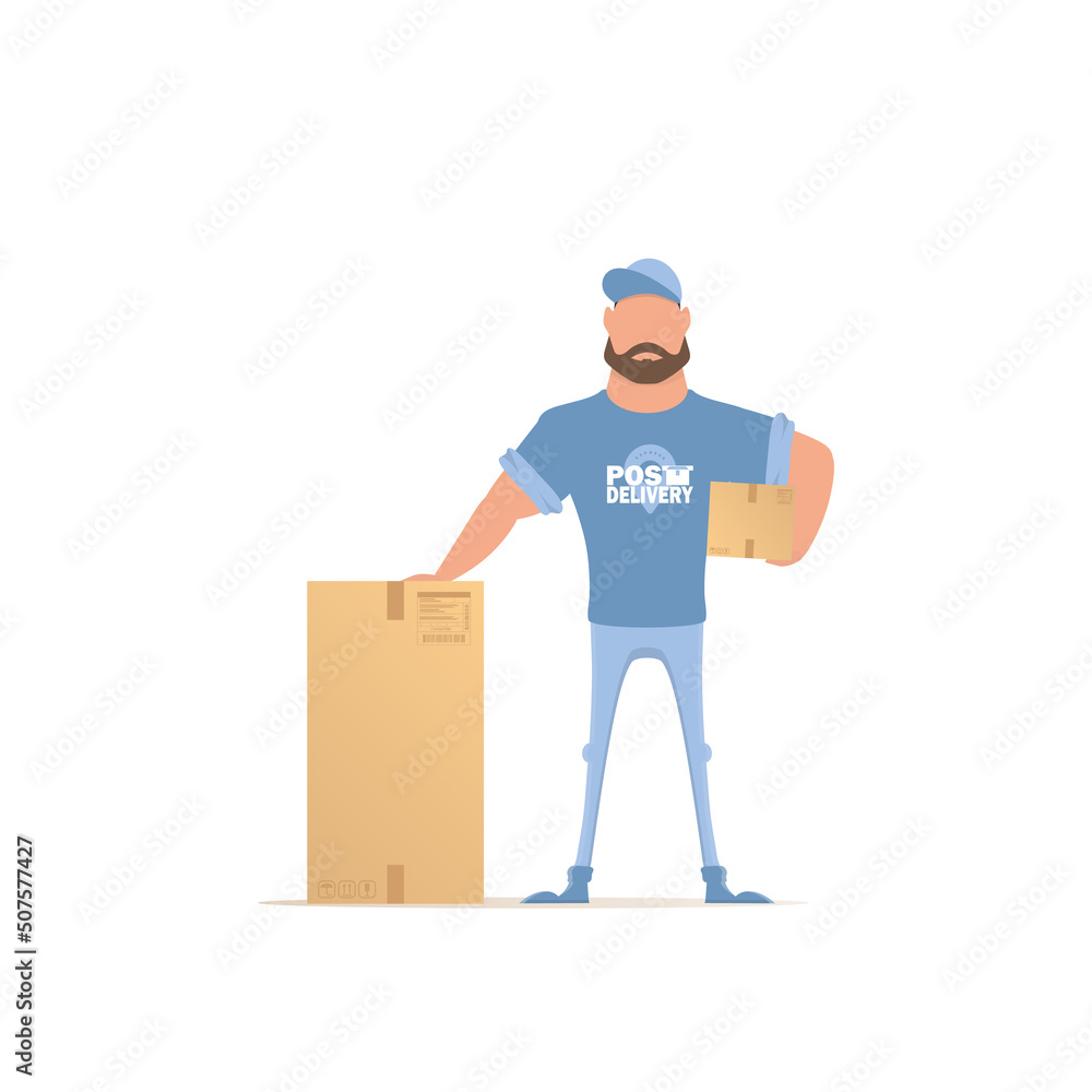 Postal courier holding a box. Cartoon style. Vector illustration. Isolated on white backgtound. Postal courier holding a box. Cartoon style. Vector illustration. Isolated on white backgtound.