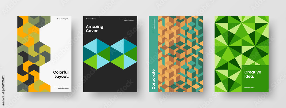 Modern book cover A4 design vector concept bundle. Amazing mosaic hexagons corporate identity illustration collection.